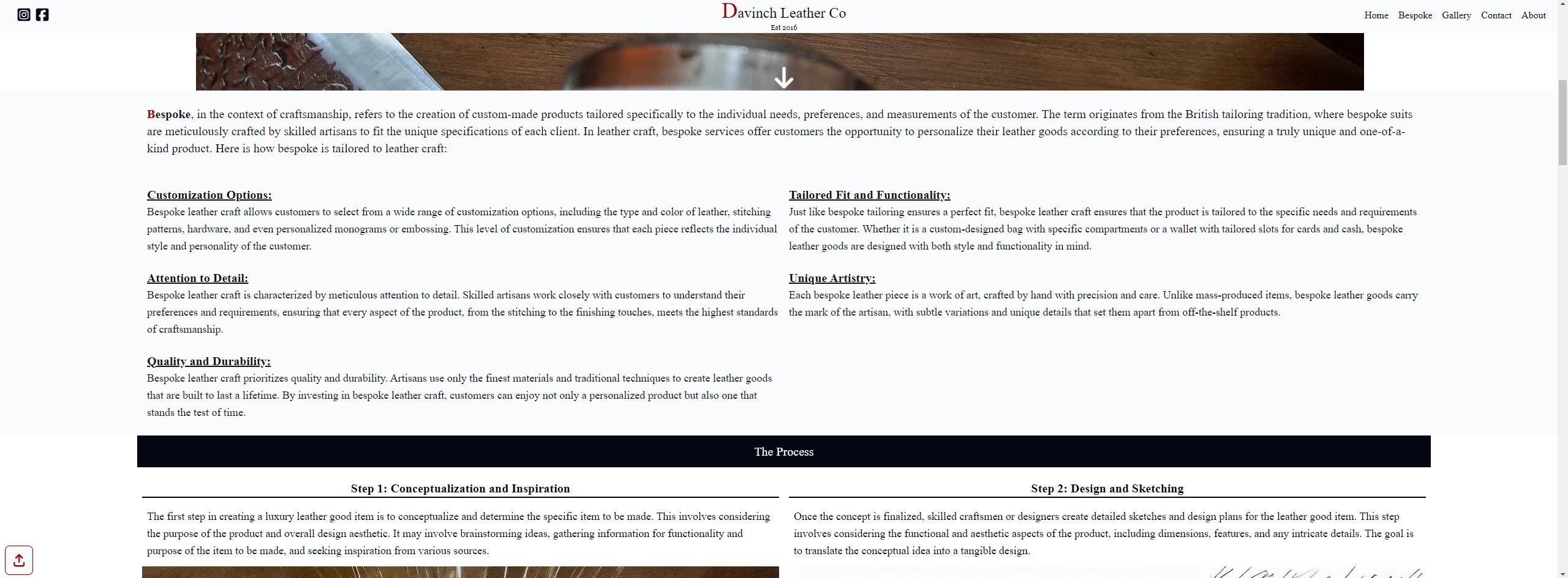 screenshot of Davinch Leather Website